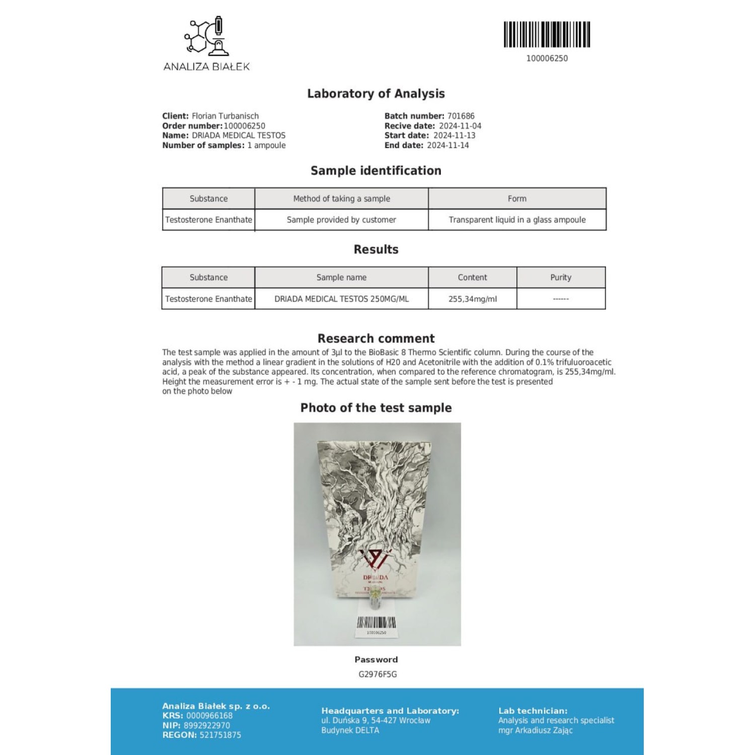 Testos 250 mg/ml (Testosterone Enanthate) 10ml vial