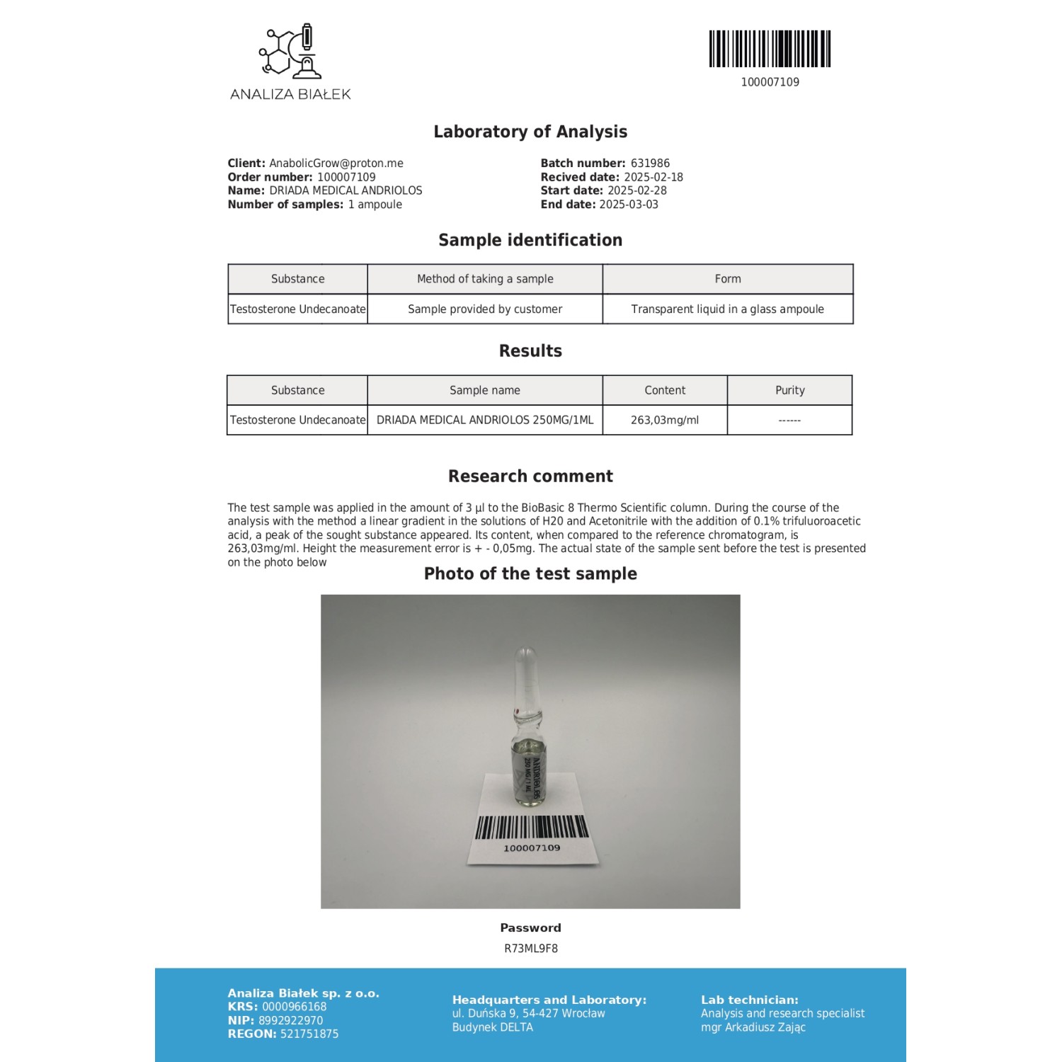 Andriolos 250 mg/ml (Testosterone Undecanoate) Andriolos 250 mg/ml (Testosterone Undecanoate)