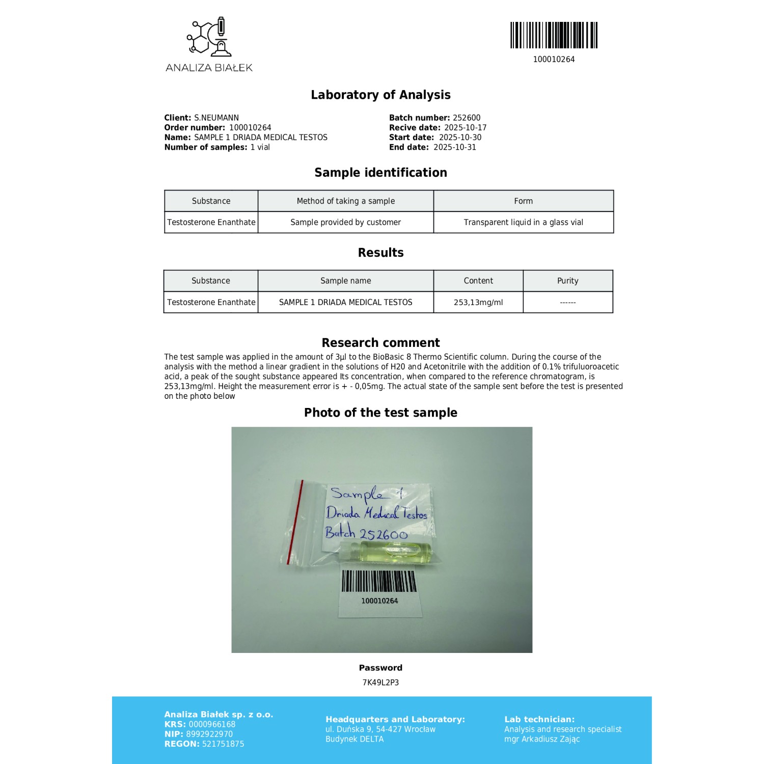 Testos 250 mg/ml (Testosterone Enanthate) 10ml vial
