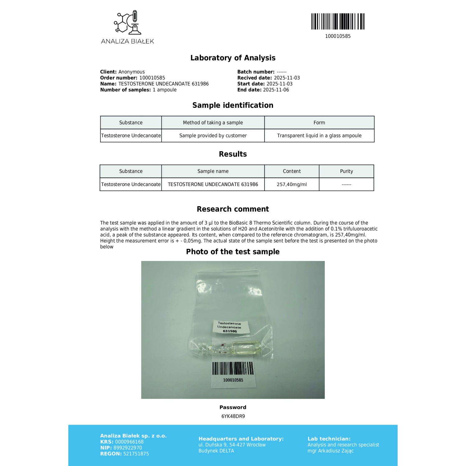 Andriolos 250 mg/ml (Testosterone Undecanoate) 10ml vial