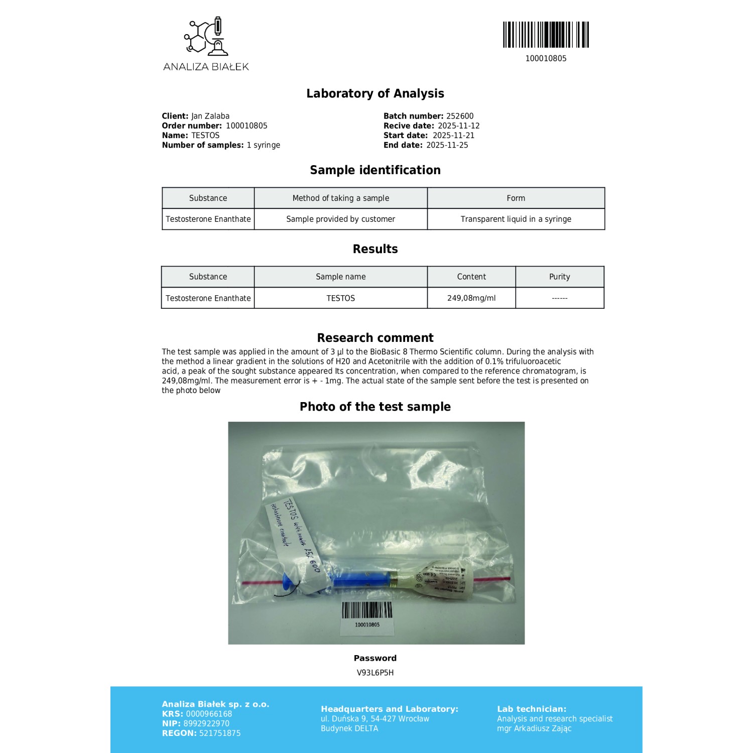 Testos 250 mg/ml (Testosterone Enanthate) 10ml vial